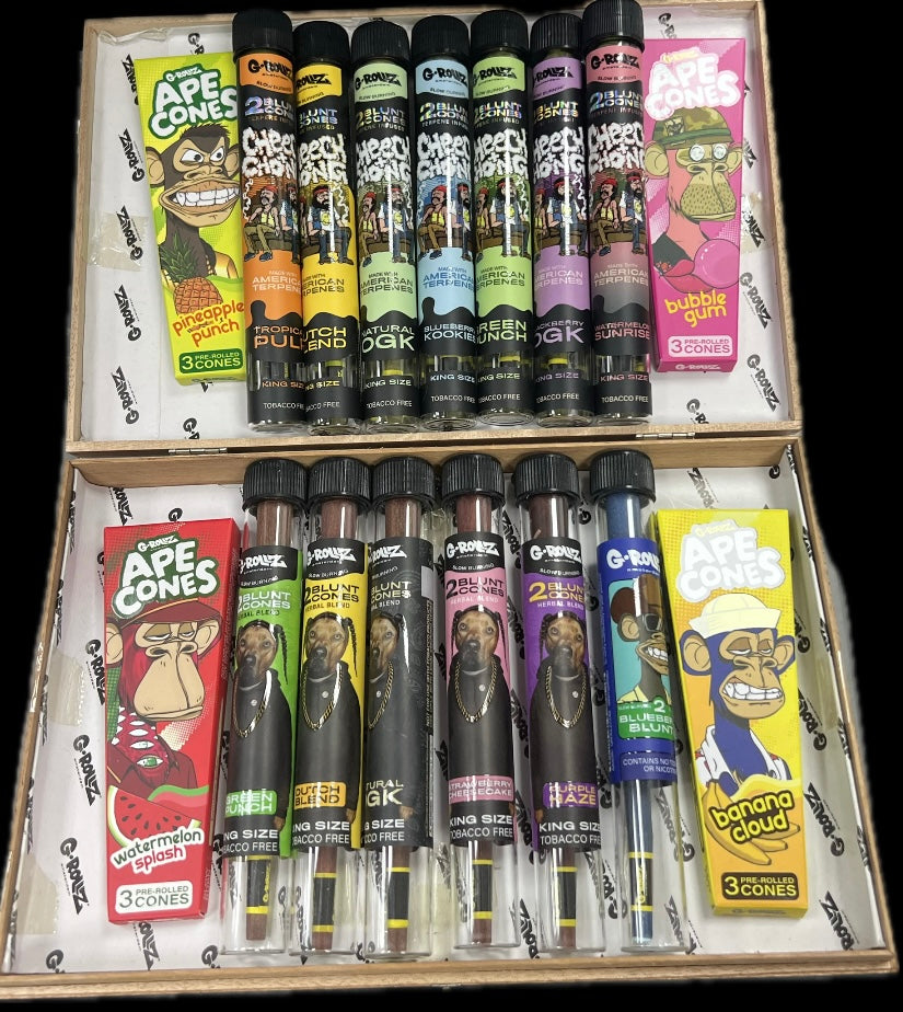 G-Rollz Box Of 12 In Total -Cheech & Chong Terpene-Infused CBDCones + Herbal Blunt Cones Chamomile Yerba Mate + Terpene BluntCones