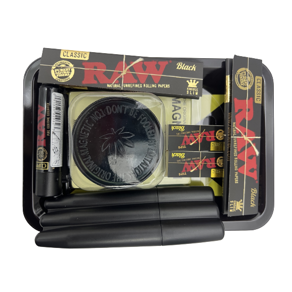 RAW Black Gift Set (Small), the full kit open in its black tray with papers, tips, a lighter, a grinder and a case