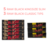 5x RAW Black King Size Slim + 3x RAW Black Tips