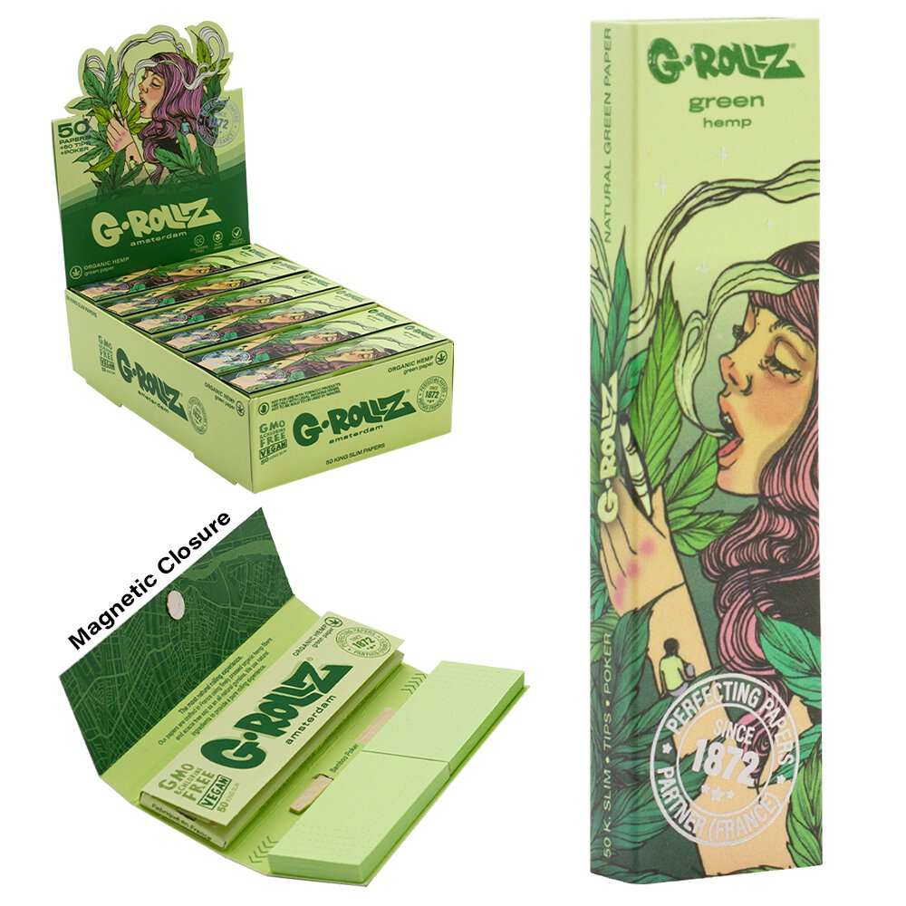 G-ROLLZ Organic Green Hemp Mushroom Lady King Size Slim Papers + Tips