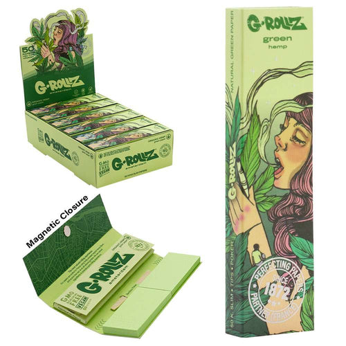 G-Rollz Mushroom Lady Hemp Rolling Papers + Tips King Size Slim, booklet front, open booklet and display box
