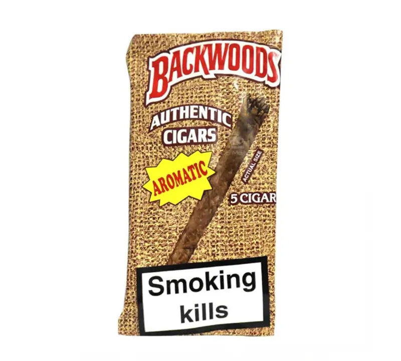 Backwoods Cigars (5 Pack), the Aromatic variety in a crumpled burlap bag, with the Smoking kills warning printed below.