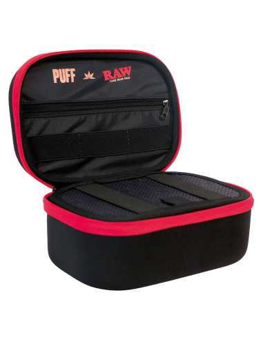 RAW Puff Life Pro Case, open to show a zipped mesh pocket and elastic straps