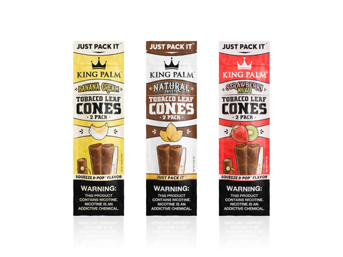 King Palm Squeeze and Pop Tobacco Leaf Cones (2 Pack), the three flavour packs side by side