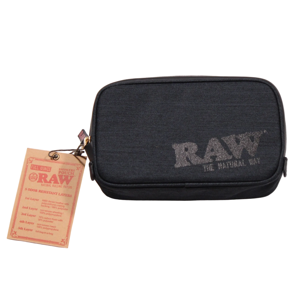 RAW Black Smellproof Smoker's Pouch v2, front view with the swing tag listing its layers