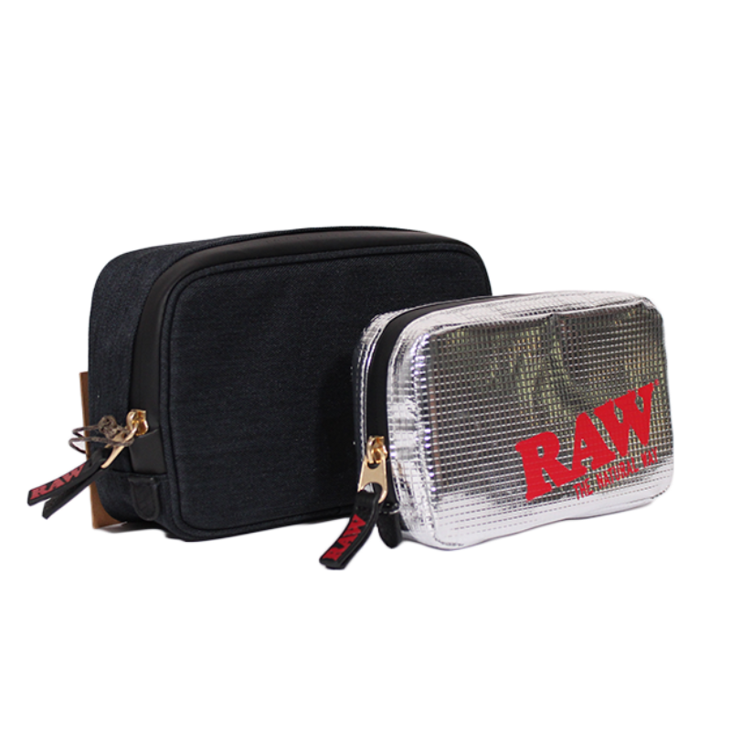 RAW Black Smellproof Smoker's Pouch v2, side view with the foil insert out beside it