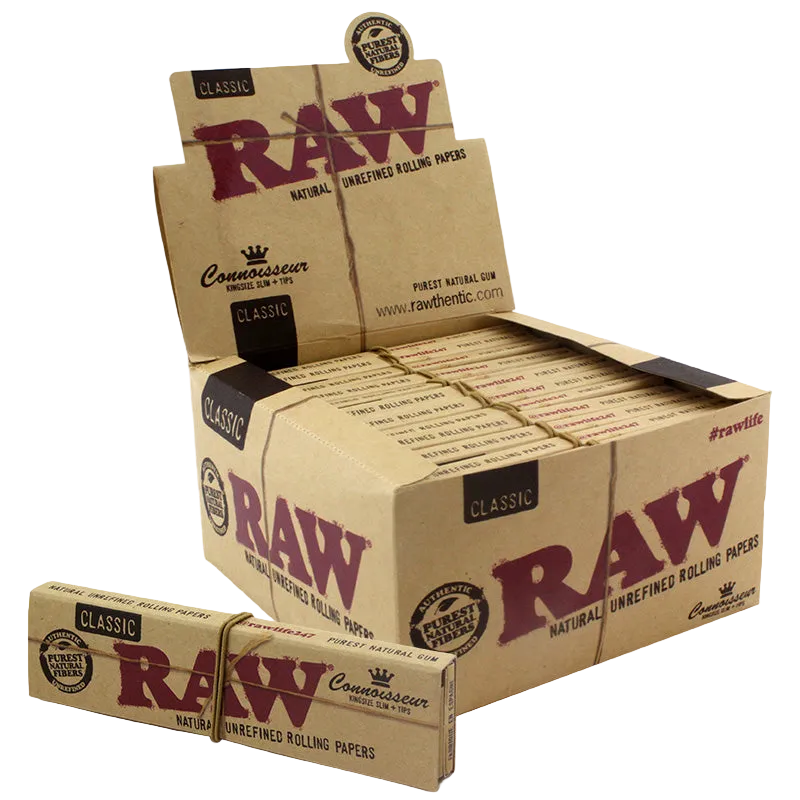 RAW Classic Connoisseur Rolling Papers + Tips King Size Slim (Box of 24)