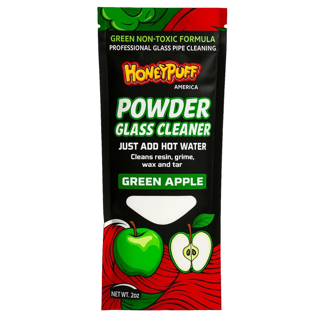 HoneyPuff Powder Glass Cleaner, green apple sachet with a whole and sliced apple illustration