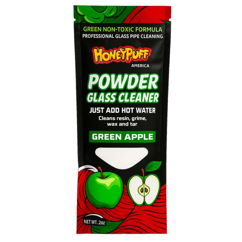 HoneyPuff Powder Glass Cleaner, green apple sachet with a whole and sliced apple illustration