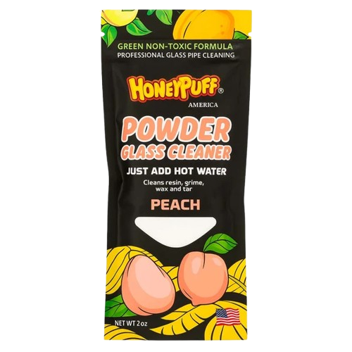 HoneyPuff Powder Glass Cleaner, peach sachet with two peaches and yellow leaves