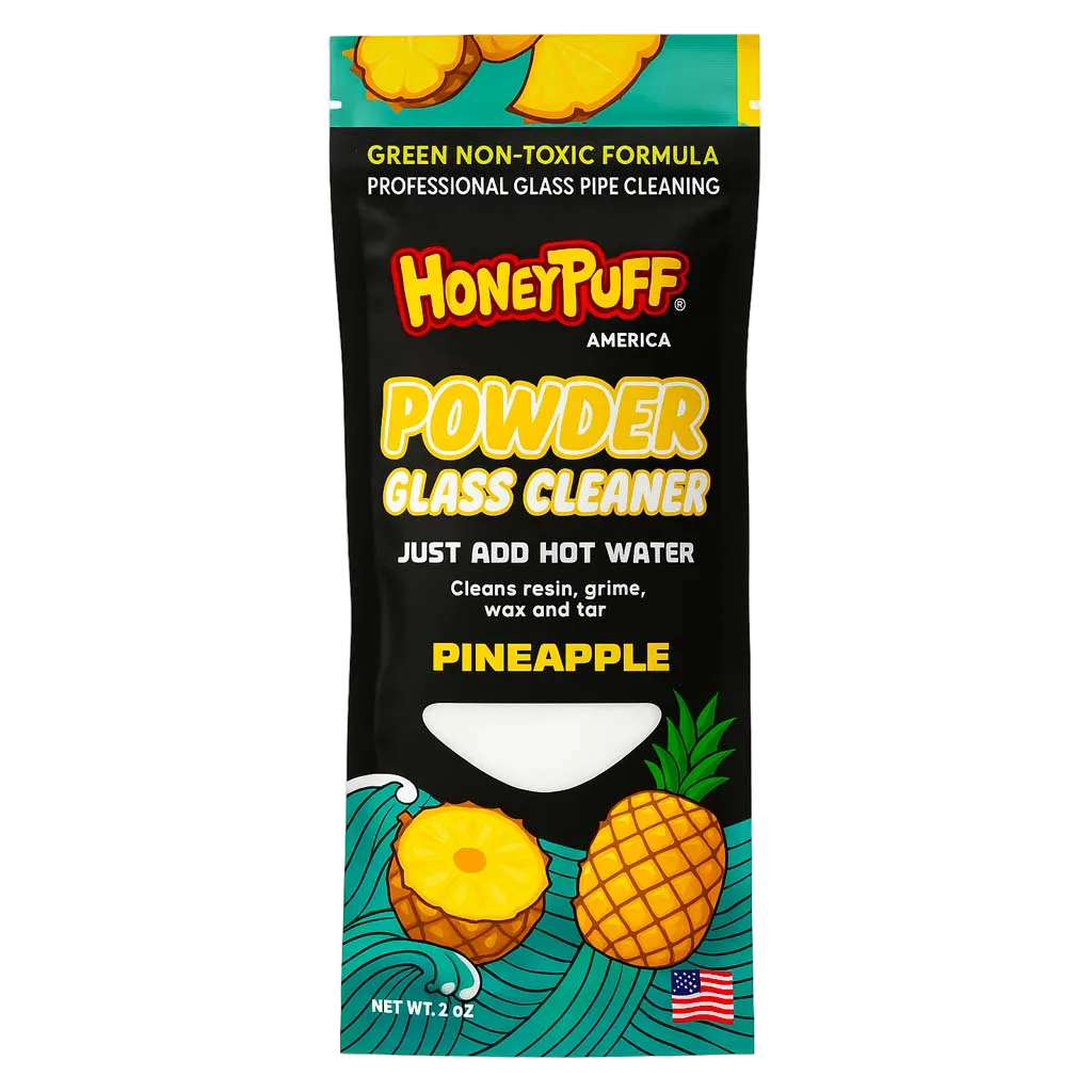 HoneyPuff Powder Glass Cleaner, pineapple sachet with a whole and cut pineapple illustration
