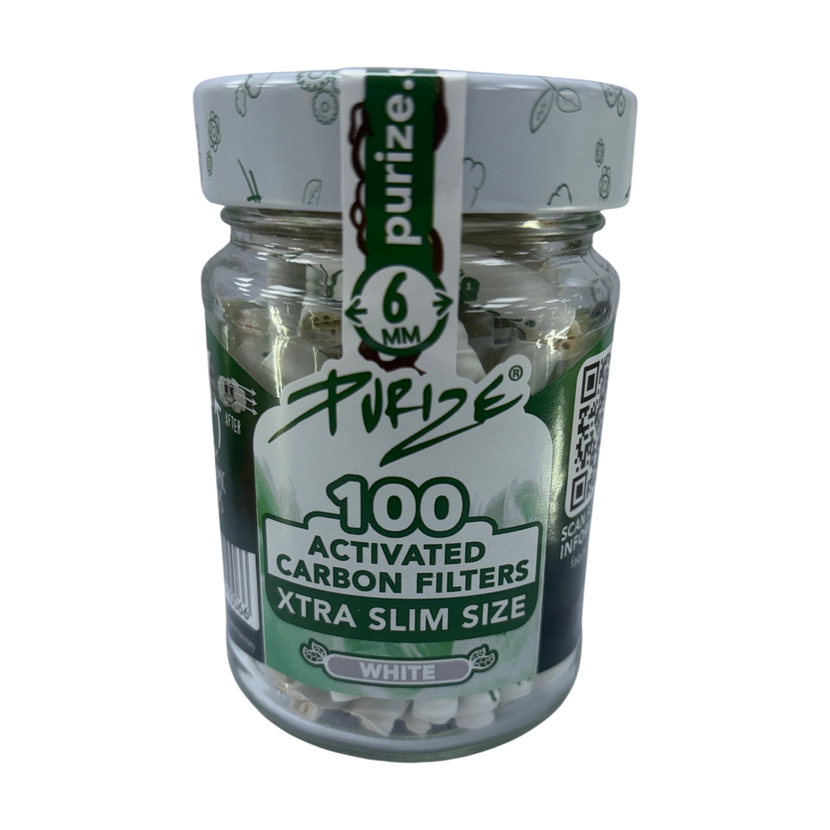 Purize Xtra Slim Size 6mm Filters (Jar of 100), White