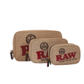 RAW Classic Smellproof Smoker's Pouch, small, medium and large side by side in brown