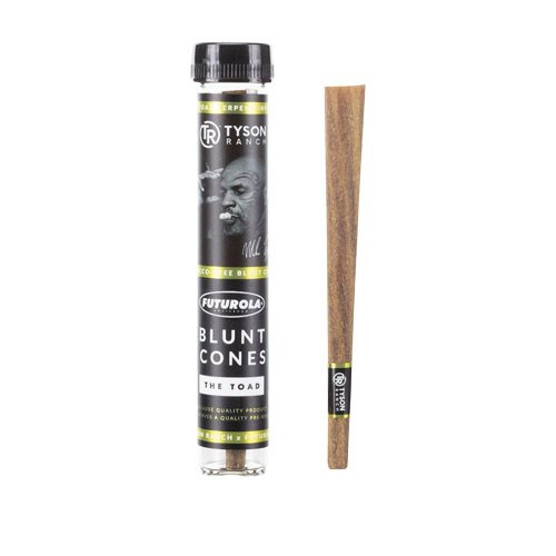 Tyson Ranch x Futurola The Toad Pre-Rolled Cone, the brown paper cone beside its black glass tube