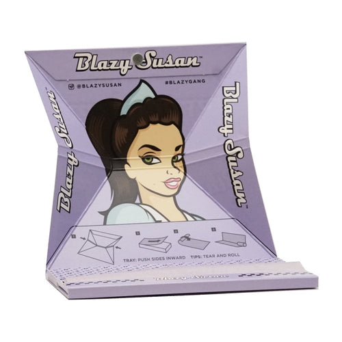 Blazy Susan Purple Deluxe Rolling Papers + Tips + Tray King Size Slim, pack opened out with tray folding guide