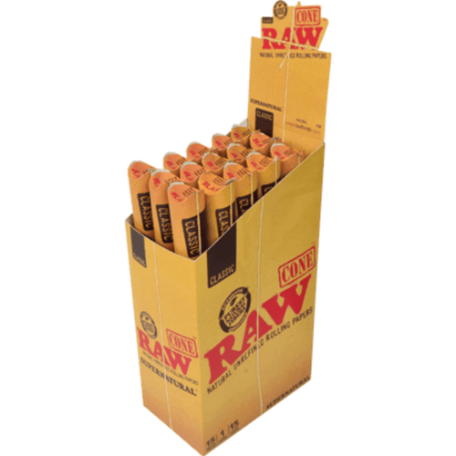 RAW Classic Supernatural 12" Pre-Rolled Cone, a retail display box of single cones