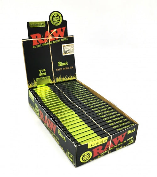 RAW Black Organic Hemp Rolling Papers 1¼ Slim, an open display box full of packs