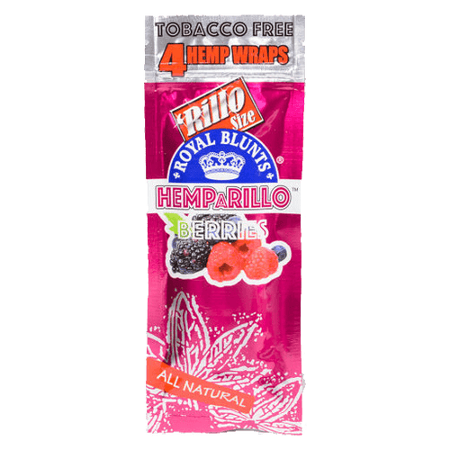 ROYAL BLUNTS Hemp a Rillo Blunt Wraps in Berries, the sealed pink pouch marked tobacco free with four hemp wraps