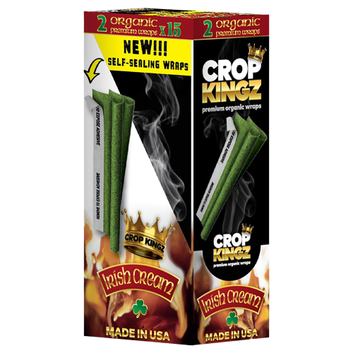 Crop Kingz Self-Sealing Organic Hemp Wraps, irish cream flavour box, front and side