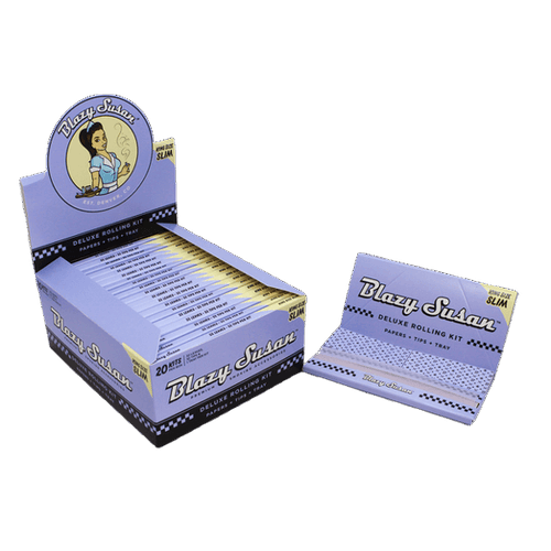 Blazy Susan Purple Deluxe Rolling Papers + Tips + Tray King Size Slim, display box of 20 beside one open pack