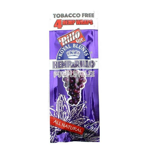 ROYAL BLUNTS Hemp a Rillo Blunt Wraps (Purple Haze, 4 Pack), the front of the sealed purple pack with a grape bunch on it