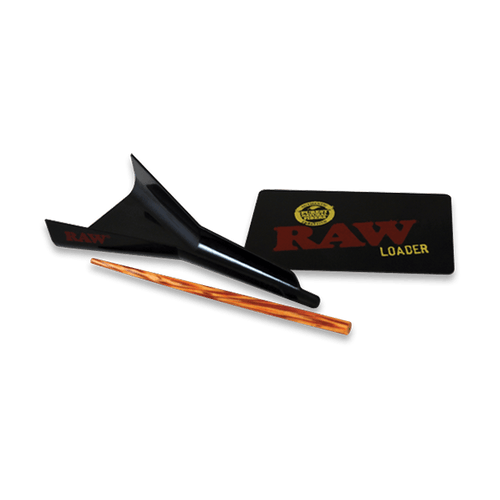 RAW Kingsize Pre-Rolled Cone Loader, the black loader with a wooden poker and a printed scraping card