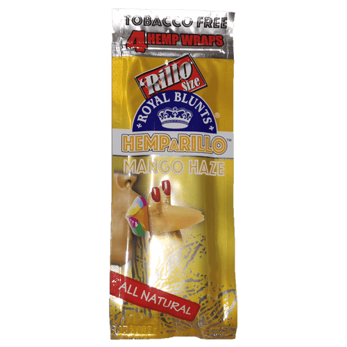 ROYAL BLUNTS Hemp a Rillo Blunt Wraps (Mango Haze, 4 Pack), the gold foil pack front marked tobacco free and all natural