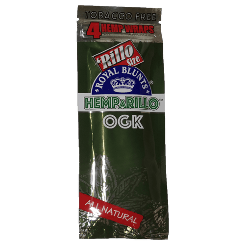 ROYAL BLUNTS Hemp a Rillo Blunt Wraps (OGK, 4 Pack), the sealed pack with four green wraps visible through the front