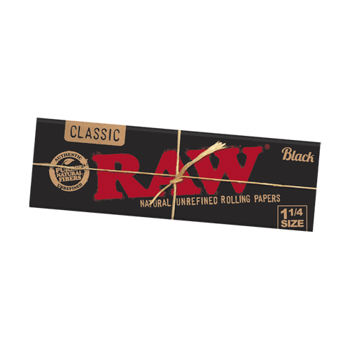 RAW Black Rolling Papers 1¼ Slim, black pack tied with natural twine on a plain background